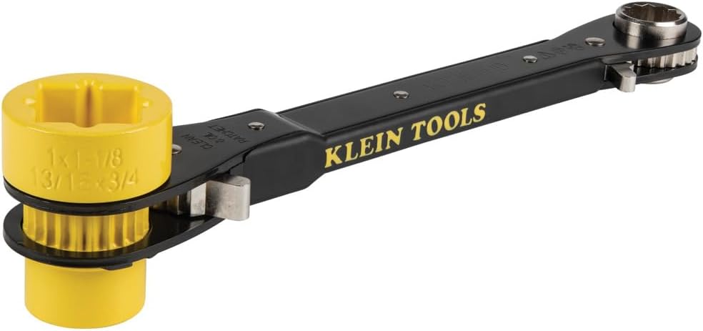 KLEIN TOOLS KT155HD Heavy-Duty 6-In-1 Lineman's Ratcheting Wrench with Bolt Through Design and Bright Yellow Socket
