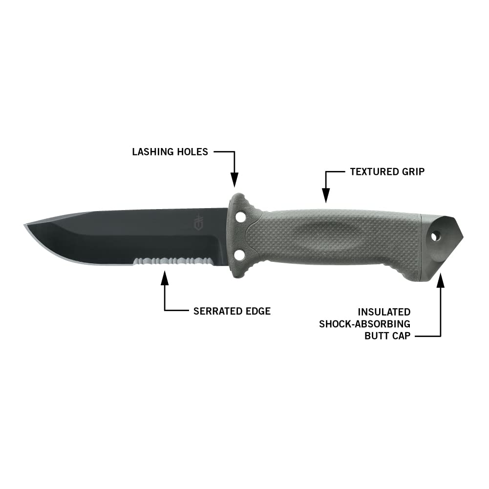 Gerber Gear LMF II Infantry Survival Knife, Made in USA Military Grade Tactical Fixed Blade with Serrated Edge, Shock Absorbing Handle, Molle Sheath and Sharpener, Green