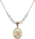 18' Gold Plated Necklace with 6mm Crystal Beads featuring a 14kt Gold Filled Madonna & Child Medal.