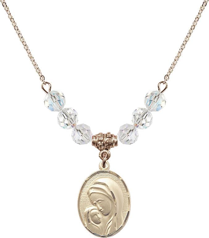 18' Gold Plated Necklace with 6mm Crystal Beads featuring a 14kt Gold Filled Madonna & Child Medal.