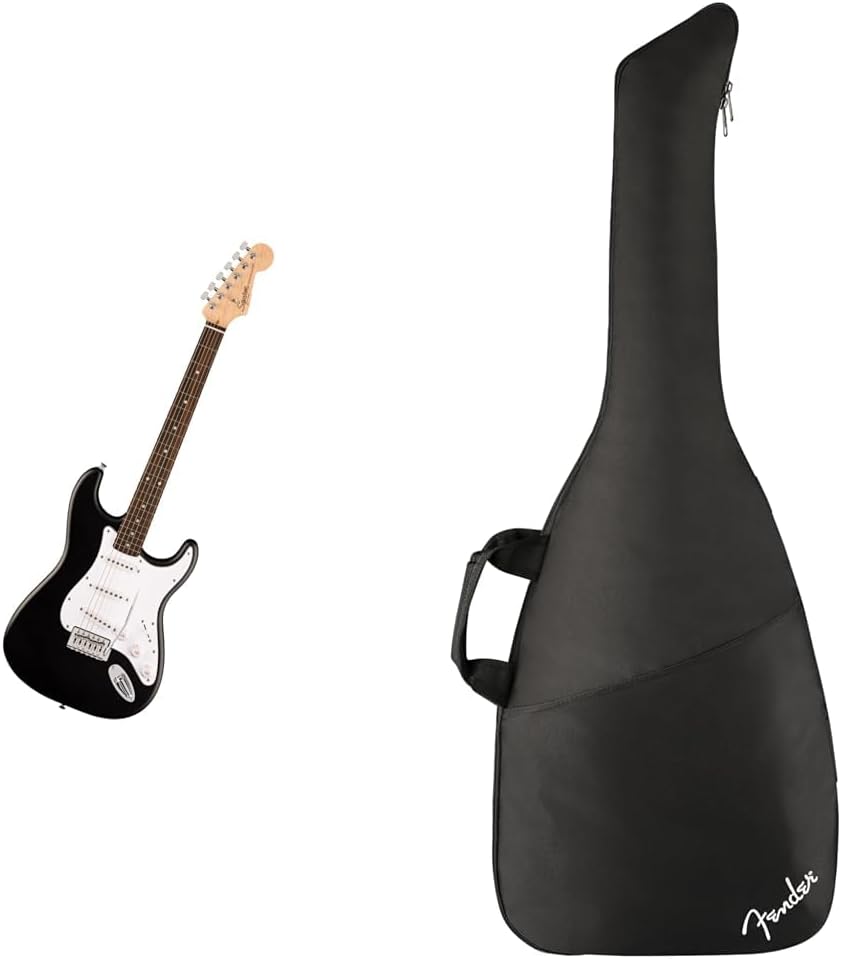 Fender Squier Debut Series Stratocaster Electric Guitar Bundle with Gig Bag, Black Electric Guitar with Matte Finish and Padded Case with Straps
