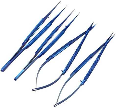 kit of 4 pcs 18cm Long Titanium Scissor Needle Holder forcep Micro Set Ophthalmic ENT Instrument with 26cm Disinfection Sterilization Tray case Box Basket