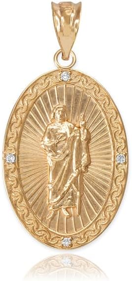 10K Yellow Gold 0.04 Cttw Diamond Studded 1' Saint Jude Thaddeus Patron Saint of Lost Causes Oval Medal Pendant Necklace - Choice of Pendant Only or Chain Length
