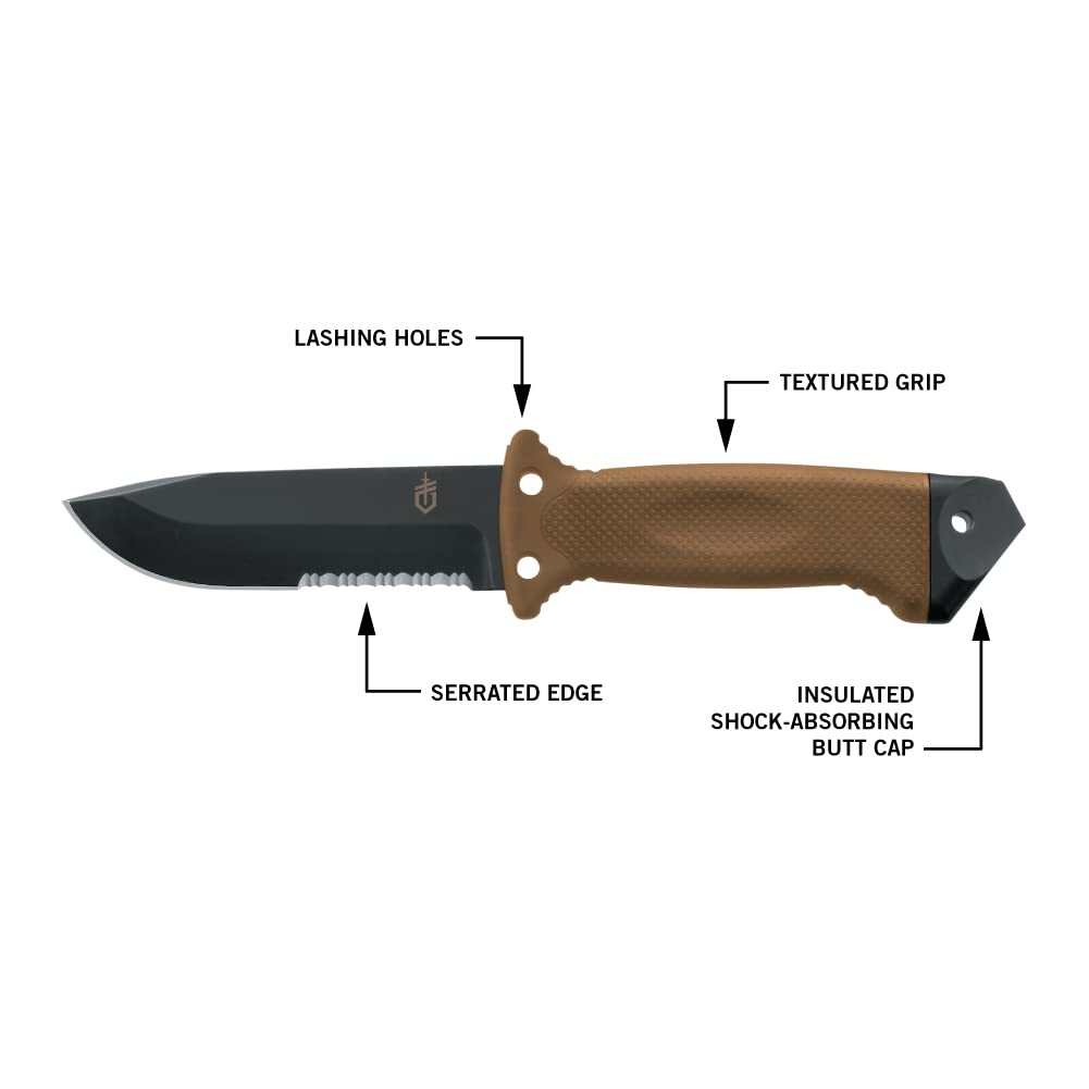 Gerber Gear LMF II Infantry Survival Knife, Made in USA Military Grade Tactical Fixed Blade with Serrated Edge, Shock Absorbing Handle, Molle Sheath and Sharpener, Coyote Brown