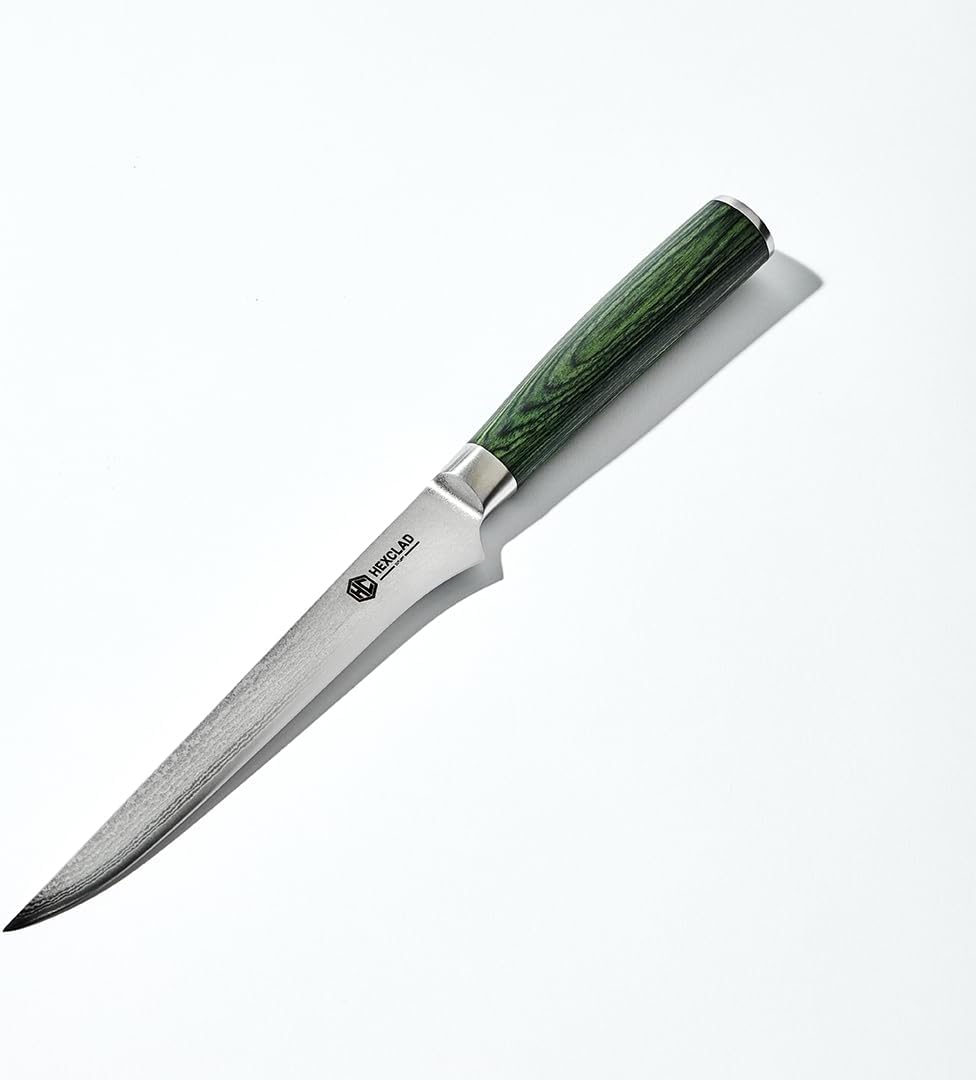 HexClad 6 Inch Japanese Damascus Stainless Steel Boning Knife, Full Tang Construction, Pakkawood Handle