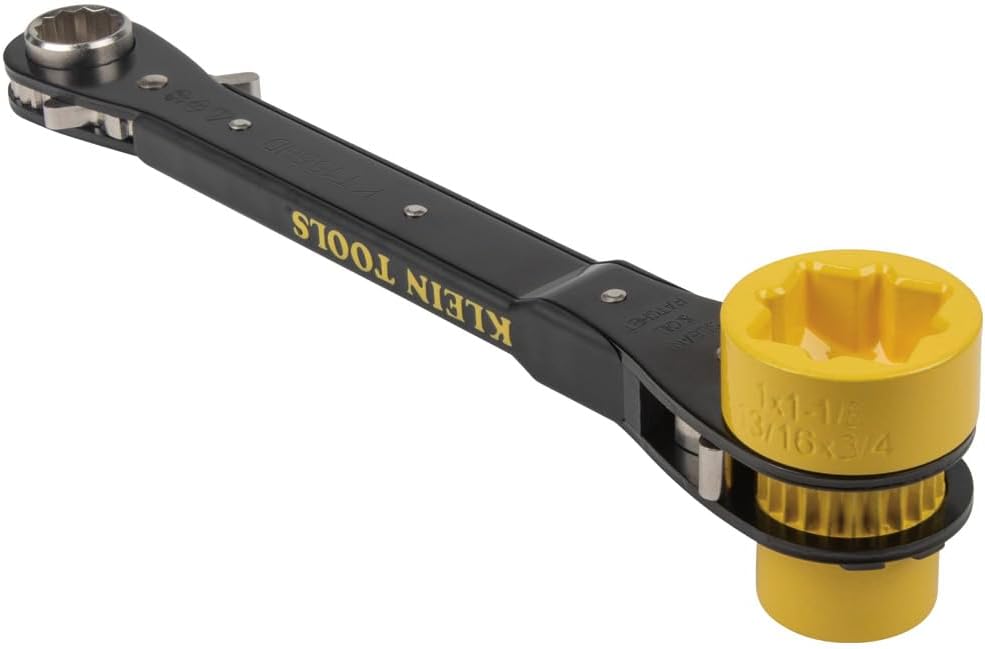 KLEIN TOOLS KT155HD Heavy-Duty 6-In-1 Lineman's Ratcheting Wrench with Bolt Through Design and Bright Yellow Socket