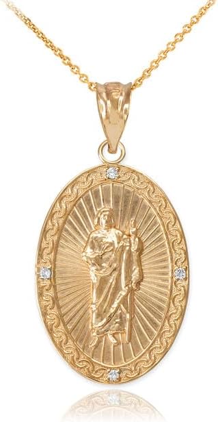 10K Yellow Gold 0.04 Cttw Diamond Studded 1' Saint Jude Thaddeus Patron Saint of Lost Causes Oval Medal Pendant Necklace - Choice of Pendant Only or Chain Length