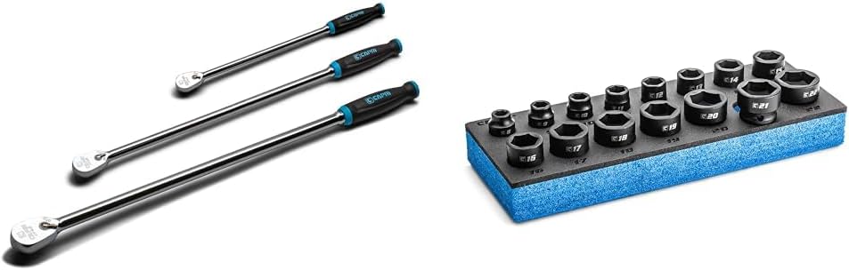 Capri Tools Fine 90-Tooth Extra Long Ratchet Set, Stubby Impact Socket Set, Ergonomic Soft Grip, 1/4, 3/8, 1/2 in. Drive, 3-Piece