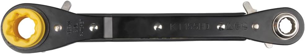 KLEIN TOOLS KT155HD Heavy-Duty 6-In-1 Lineman's Ratcheting Wrench with Bolt Through Design and Bright Yellow Socket