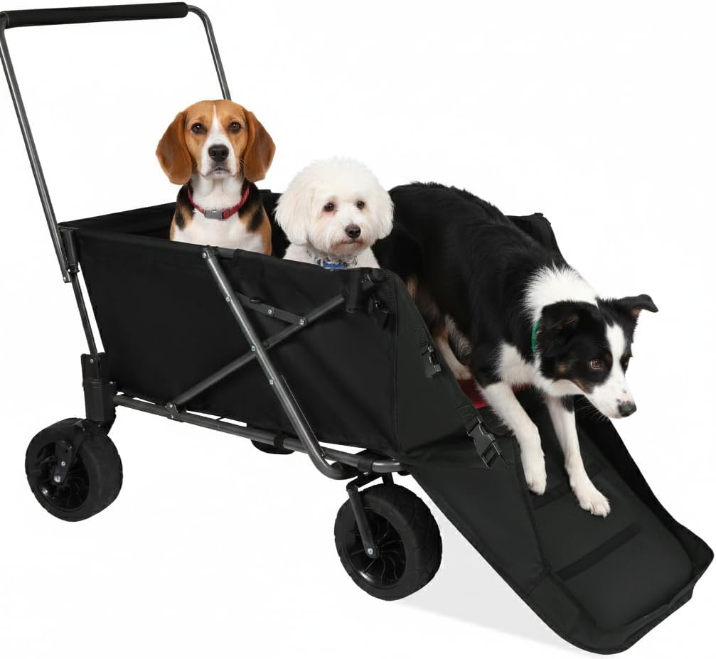 REDCAMP Collapsible Beach Wagon Dog Stroller with Tailgate, 330lbs Heavy Duty Folding Utility Beach Cart with All-Terrain Wheels for Sand Camping Sports Shopping, Black