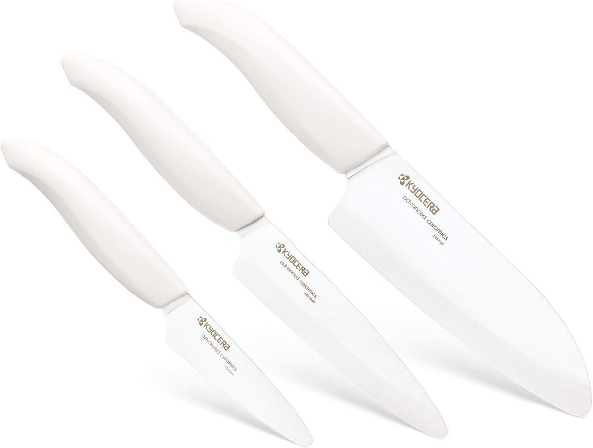 Kyocera 3Piece Advanced ceramic Revolution Series Knife Set, White, Blade Sizes: 5.5', 4.5', 3'