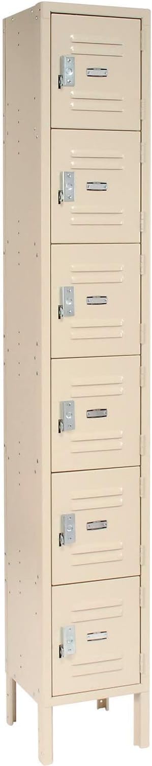 Global Industrial One-Wide Six-Tier Locker with Padlock Hasp, 12' W x 15' D x 78' H, 6 Doors, 12'x15'x12' Compartment Size, 16 Gauge Steel Construction, Unassembled, Tan