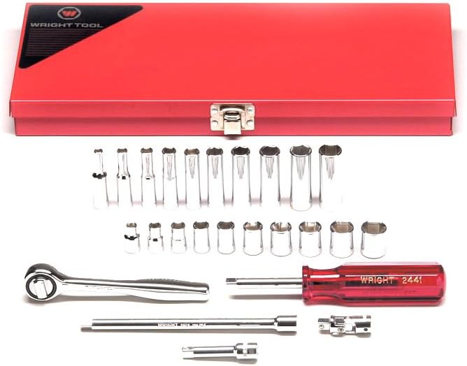 Wright Tool 224 1/4 Inch Drive 25 Piece Metal Box Set 6 Point Standard And Metric Deep Socket Ratchet Spinner Universal Extensions Made in USA Wright Drive 2.0
