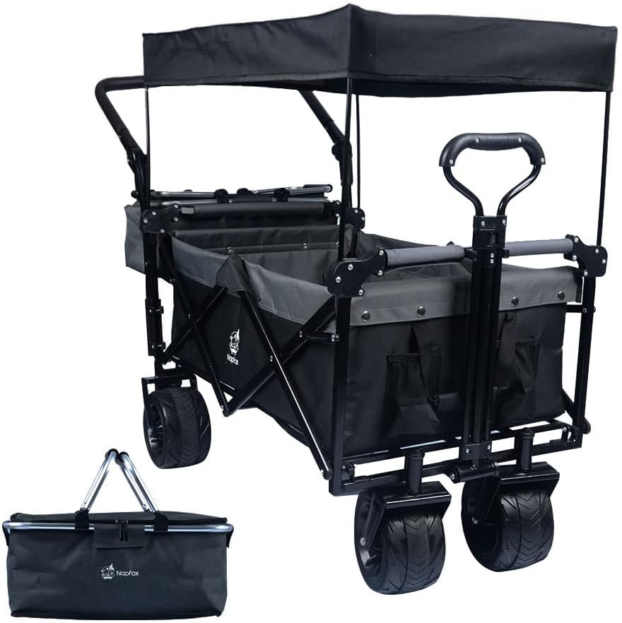 Collapsible Wagon Heavy Duty Folding Wagon Cart with Removable Canopy, 4' Wide Large All Terrain Wheels, Brake, Adjustable Handles,Cooler Bag Utility Carts for Outdoor Beach Cart Garden Wagons Carts
