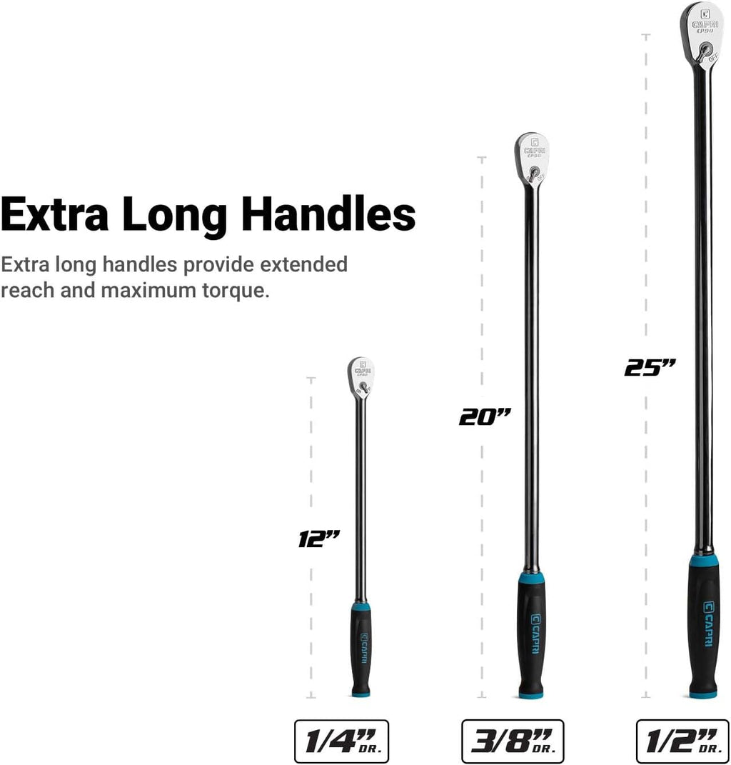 Capri Tools Fine 90-Tooth Extra Long Ratchet Set, Stubby Impact Socket Set, Ergonomic Soft Grip, 1/4, 3/8, 1/2 in. Drive, 3-Piece