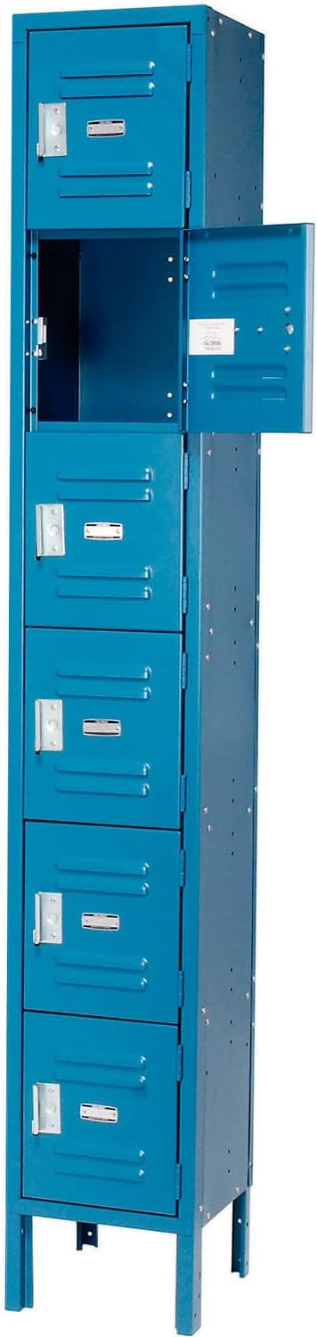 Global Industrial One-Wide Six-Tier Locker with Padlock Hasp, 12' W x 15' D x 78' H, 6 Doors, 12'x15'x12' Compartment Size, 16 Gauge Steel Construction, Unassembled, Blue