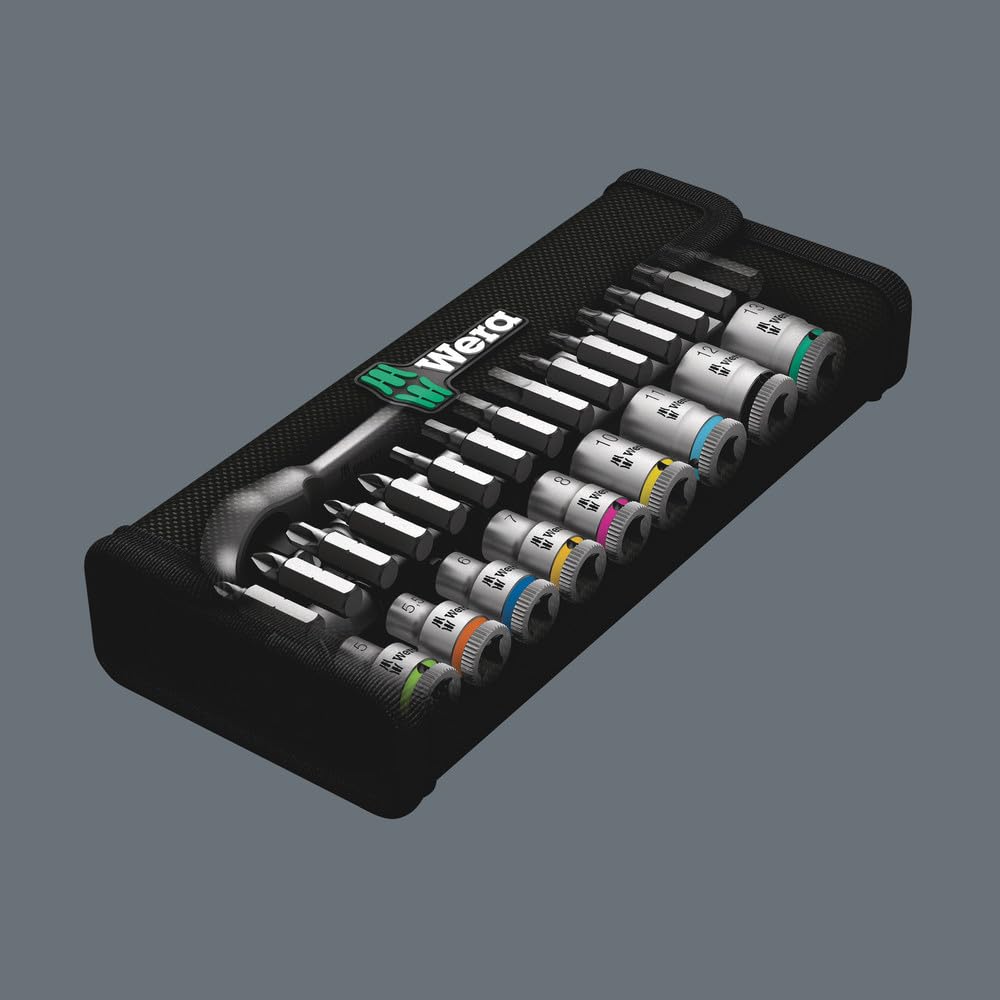 Wera 05004017001 8100 SA 7 Zyklop Metric Metal Ratchet Set with Push-Through Square, 28 Piece, 1/4' Drive