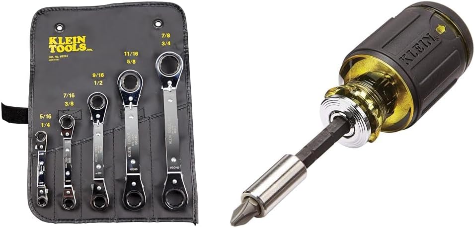 Klein Tools 5-Piece Reversible Ratcheting Box Wrench Set and 8-in-1 Adjustable Magnetic Stubby Screwdriver