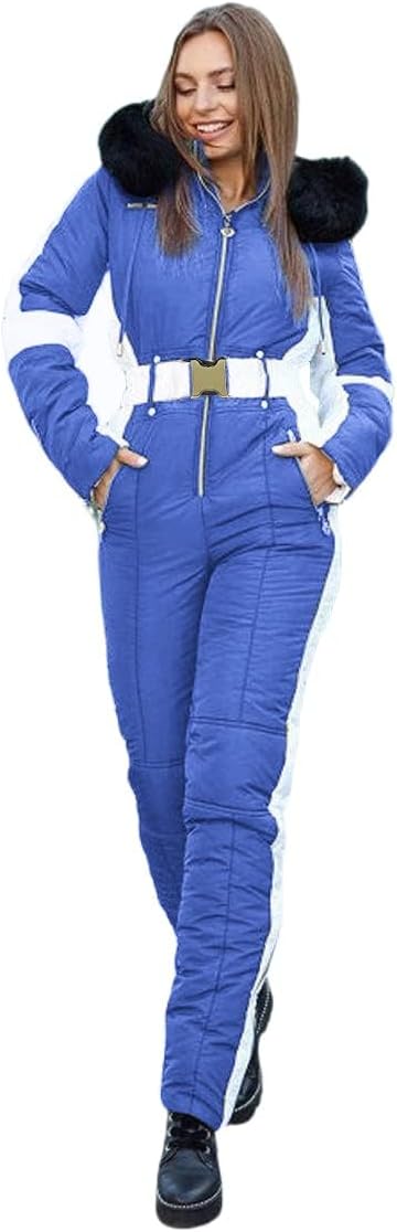 Yousify Womens Snow Suits Winter Ski Suit Onesie Outdoor Sports Waterproof Snowsuit Removable Faux Fur Collar Coat Jumpsuit