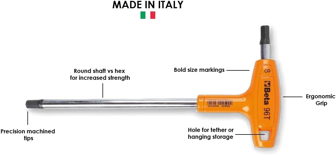 Beta 96T/S8 2-10mm Metric T-Handle Hex Key Wrenches | Set of 8 | High Torque Ergonomic Allen Wrench with Dual Hex Tips | Drop Prevention Hole | Industrial Strength | Made in Italy