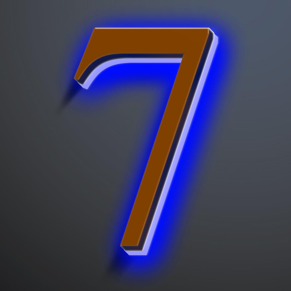Large Backlit LED House Numbers 16 Inch, Stainless Steel Hand-Polished For Lighted House Address Signs, Modern Illuminated LED Home Address Numbers, Brown, Blue Light,7