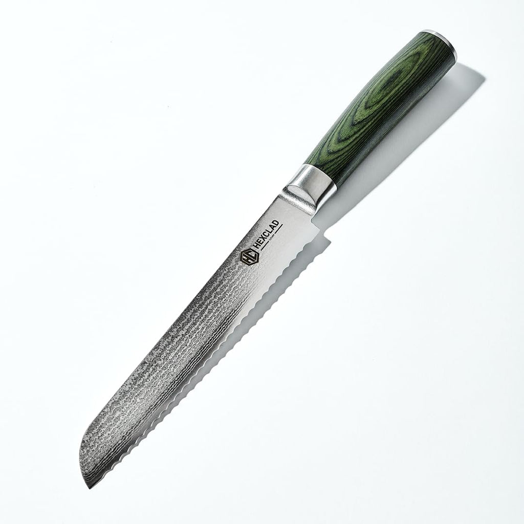 HexClad 8 Inch Japanese Damascus Stainless Steel Bread Knife, Full Tang Construction, Pakkawood Handle