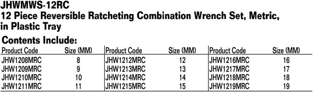 Williams MWS-12RC 12-Piece Metric Reversible Ratcheting Combination Wrench Set