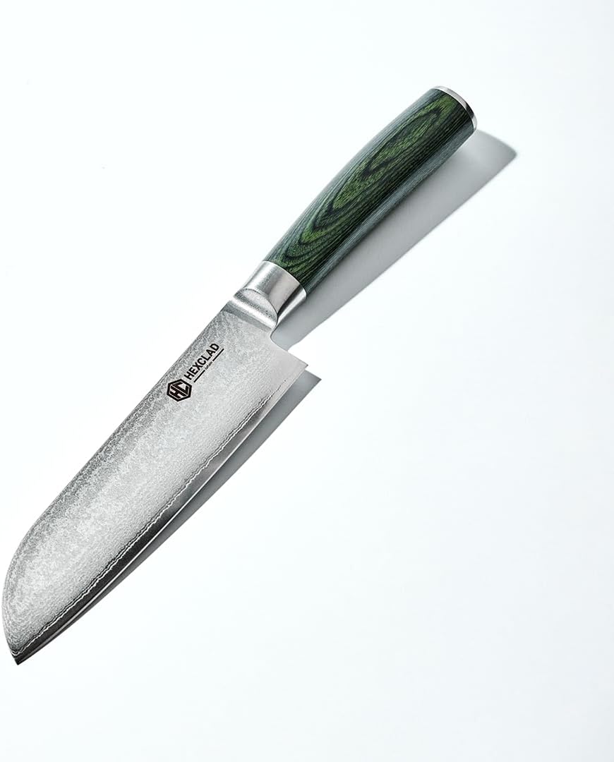 HexClad 7 Inch Japanese Damascus Stainless Steel Santoku Knife, Full Tang Construction, Pakkawood Handle