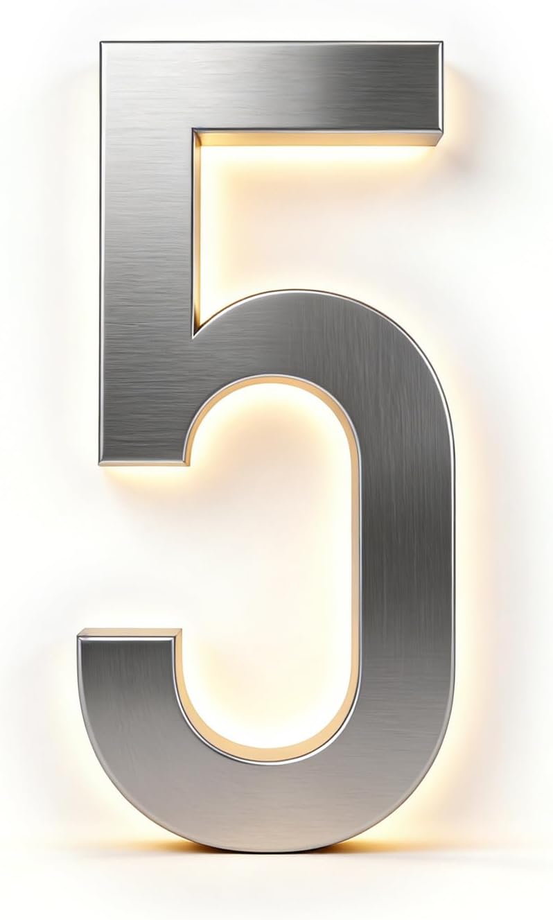 Backlit 3D LED House Number Plaque Warm White Light 0-9 Letter A-Z Stainless Steel Illuminated Address Sign For Home Outdoor, Modern Floating, Brushed Silver,16 Inch,5