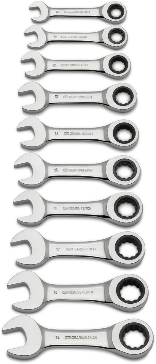 GEARWRENCH 10 Piece 12 Point Stubby Ratcheting Combination Wrench Metric Set | 9520D
