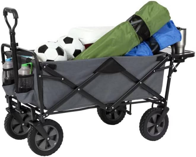 Collapsible Outdoor Utility Wagon with Folding Table and Drink Holders, Gray