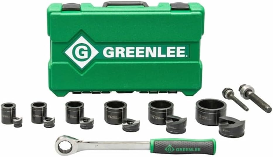 Greenlee 7238SB Slug-Buster Knockout Punch Kit with Hex Ratchet Wrench, 1/2' to 2' Punches, and 7/16' and 3/4' Draw Studs, Electrical Conduit Hole Cutter Kit, Low Carbon Steel