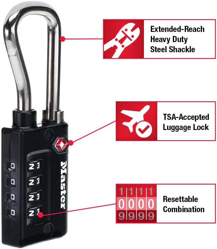 Master Lock Padlock, Set Your Own Combination TSA Accepted Luggage Lock, 1-5/16 in. Wide, Black, 4 pk, 4696EC4 (Pack of 10)