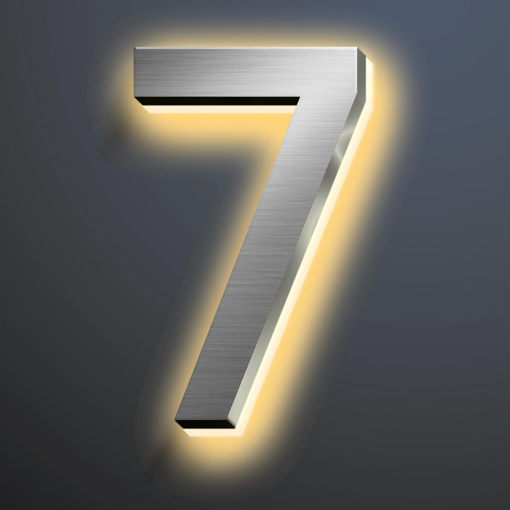 Backlit Illuminated LED House Numbers For Outside 16 Inch, Lighted Address Signs For House, Large Modern Illuminated Address Number, Brushed Silver, Warm White Light,7