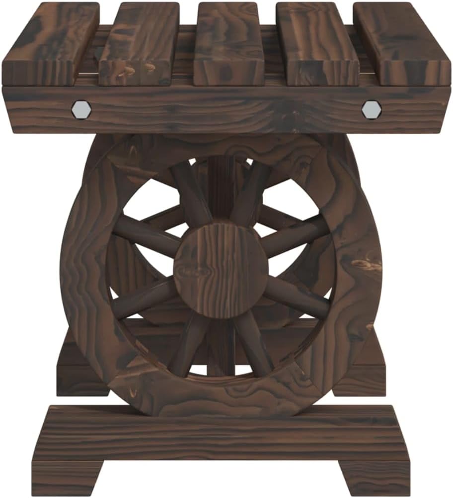 2-Piece Solid Wood Fir Patio Footstools Outdoor Ottoman Set with Wagon Wheel Design, Burnt Look Accent Furniture for Garden, Terrace, Deck