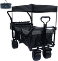 Collapsible Wagon Cart with Removable Canopy, Heavy Duty Foldable Wagon with 4' Large All Terrain Wheels, Brake, Cooler Bag, Adjustable Handles for Garden Beach Sports (Black Gray)