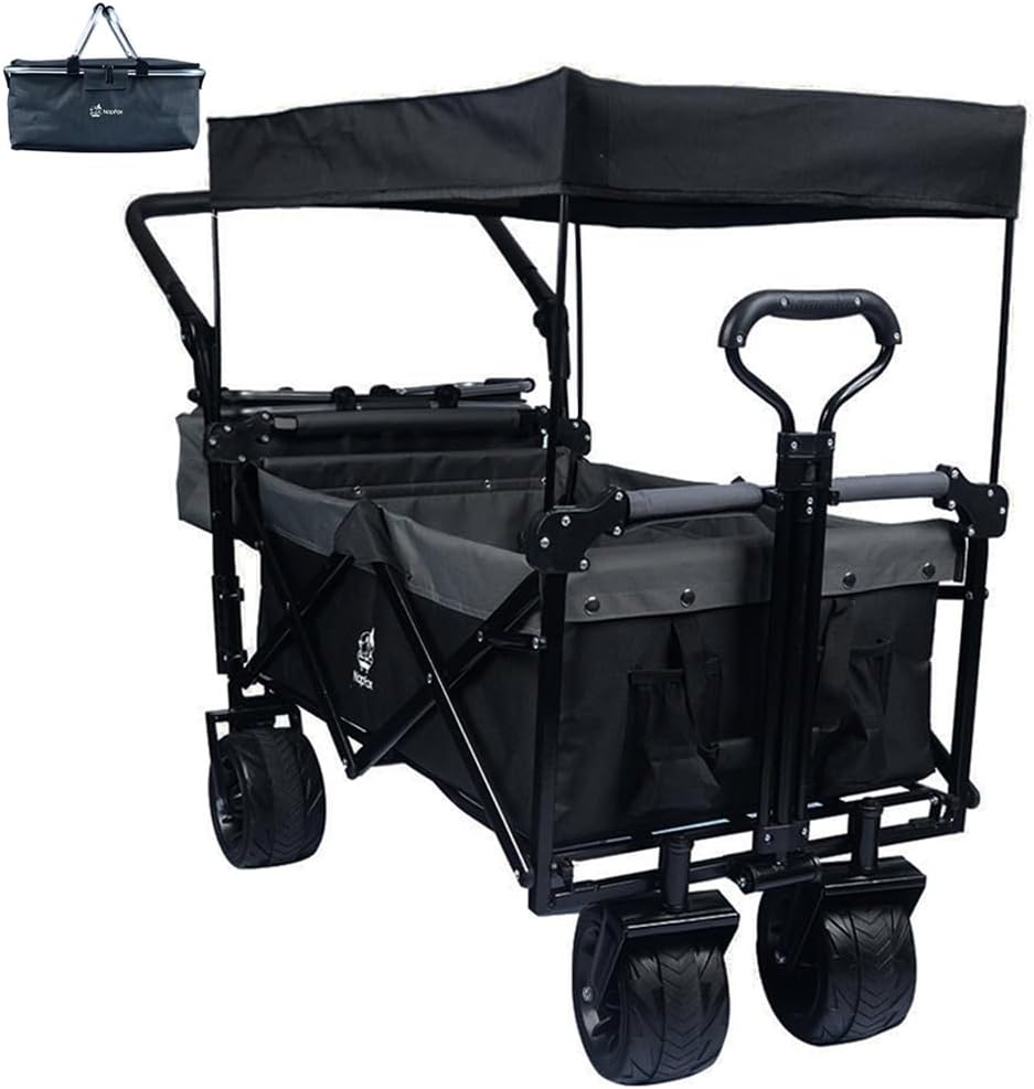 Collapsible Wagon Cart with Removable Canopy, Heavy Duty Foldable Wagon with 4' Large All Terrain Wheels, Brake, Cooler Bag, Adjustable Handles for Garden Beach Sports (Black Gray)