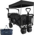 Collapsible Wagon Heavy Duty Folding Wagon Cart with Removable Canopy, 4' Wide Large All Terrain Wheels, Brake, Adjustable Handles,Cooler Bag Utility Carts for Outdoor Garden Beach