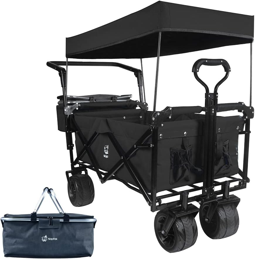 Collapsible Wagon Heavy Duty Folding Wagon Cart with Removable Canopy, 4' Wide Large All Terrain Wheels, Brake, Adjustable Handles,Cooler Bag Utility Carts for Outdoor Garden Beach