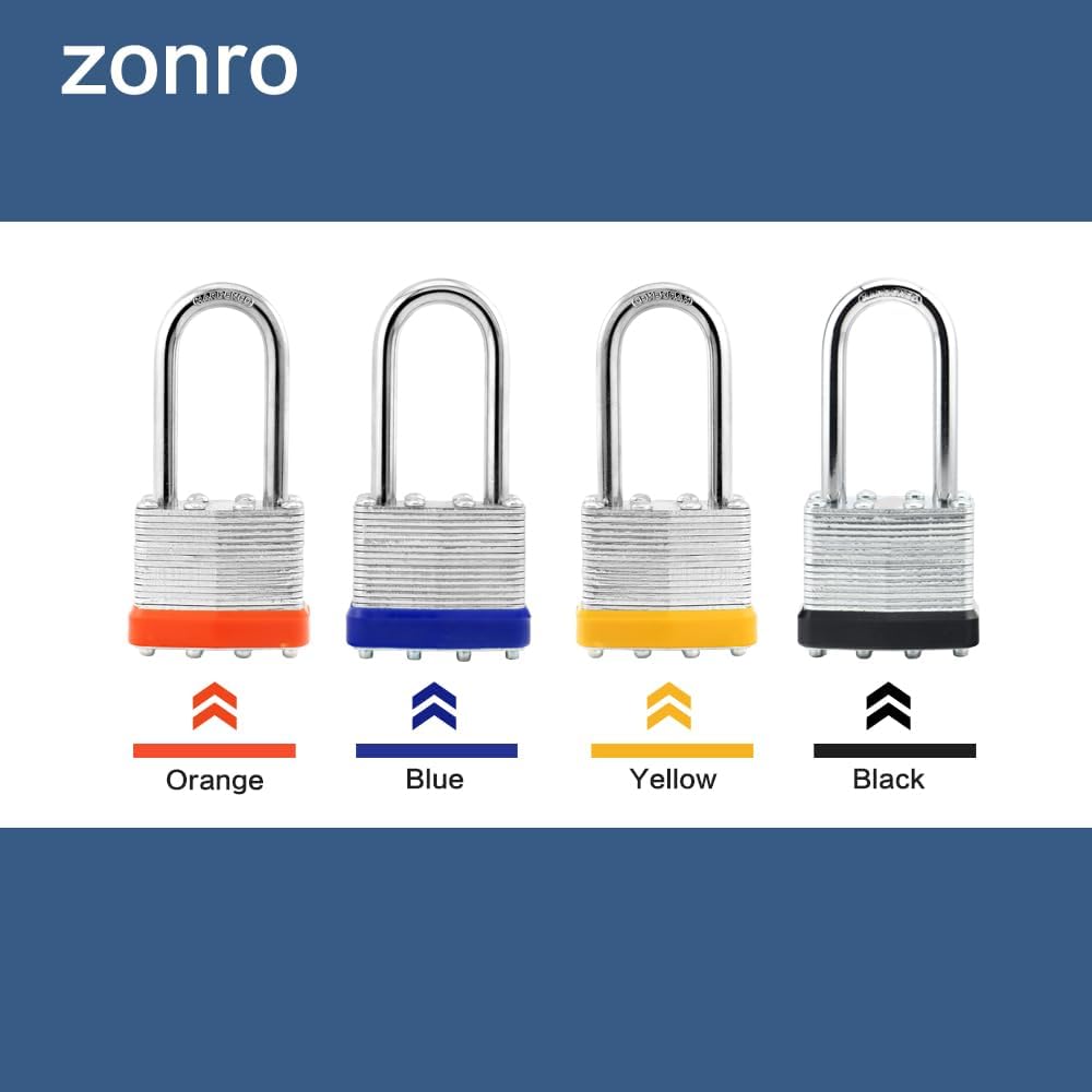 ZonRo Locks Laminated Steel Keyed Padlock, Keyed Alike Locks,1-9/16'(40mm) Wide Body,Long Shackle Padlock, Blue Plastic Hoop, Pack of 48