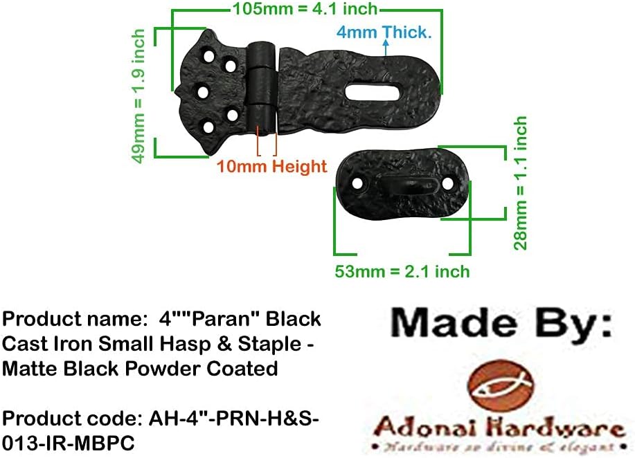 Adonai Hardware 'Paran' Heavy Duty Antique Cast Iron Safety Locking Hasp and Staple(4' x 8 Pack, Matte Black) for Vintage Pirates Treasure Chest, Trunks, Wooden Jewelry Box, Cases, Furniture and Sheds