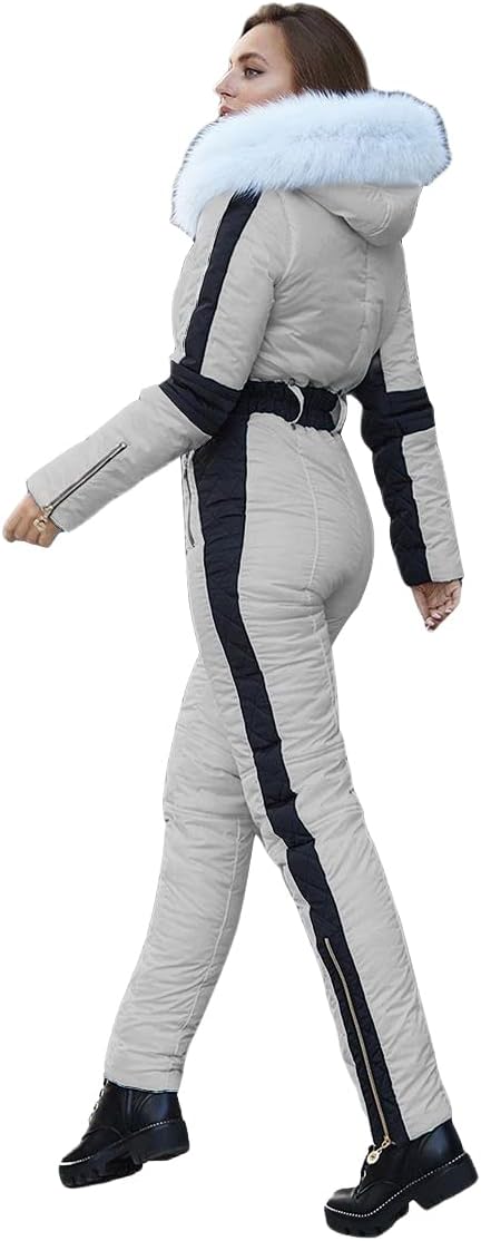 Yousify Womens Snow Suits Winter Ski Suit Onesie Outdoor Sports Waterproof Snowsuit Removable Faux Fur Collar Coat Jumpsuit