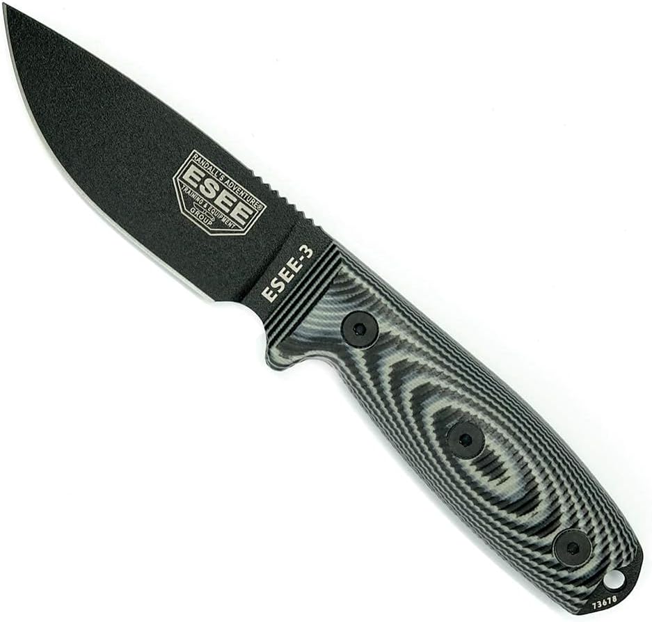 ESEE-3 Fixed Blade Knife with Sheath, 1095 Carbon Steel, Outdoor Knife with 3D Contoured Handle, Made in USA, (Black Blade, Gray/Black G-10 3D Handle)