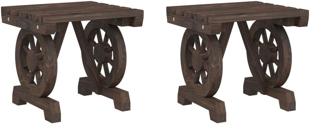 2-Piece Solid Wood Fir Patio Footstools Outdoor Ottoman Set with Wagon Wheel Design, Burnt Look Accent Furniture for Garden, Terrace, Deck