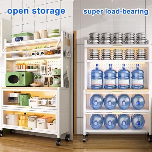 5-Tier Mobile Kitchen Bakers Rack with Power Outlets, Rolling Storage Shelves, Large Cabinet Organizer for Garage, Pantry & Home - White, 31.5in