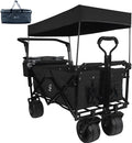 Collapsible Wagon Cart with Removable Canopy, Heavy Duty Foldable Wagon with 4' Large All Terrain Wheels, Brake, Cooler Bag, Adjustable Handles for Garden Beach Sports (Black)