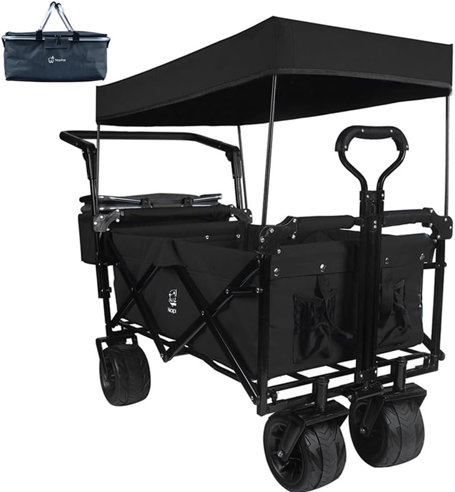 Collapsible Wagon Cart with Removable Canopy, Heavy Duty Foldable Wagon with 4' Large All Terrain Wheels, Brake, Cooler Bag, Adjustable Handles for Garden Beach Sports (Black)