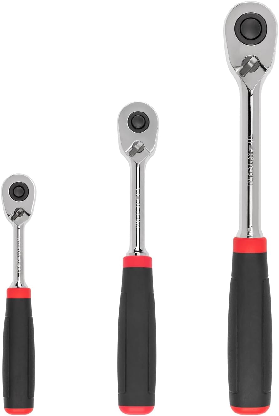 TEKTON 1/4, 3/8, 1/2 Inch Drive Quick-Release Comfort Grip Ratchet Set, 3-Piece (6, 8, 10-1/2 in.) | SRH91101