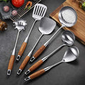 6Pcs/Set Wood Handle Stainless Steel Cooking Tool Sets Spoon Turner Pasta Server Kitchenware Utensil Accessory Cookware ladle，