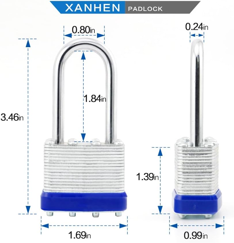 Laminated Steel Keyed Padlocks, 100 Pack, Blue, Keyed Alike, Long Shackle, 1-9/16' (40mm), for Hasp Latch, Sheds, Fences, Storage Locker, School, Gym